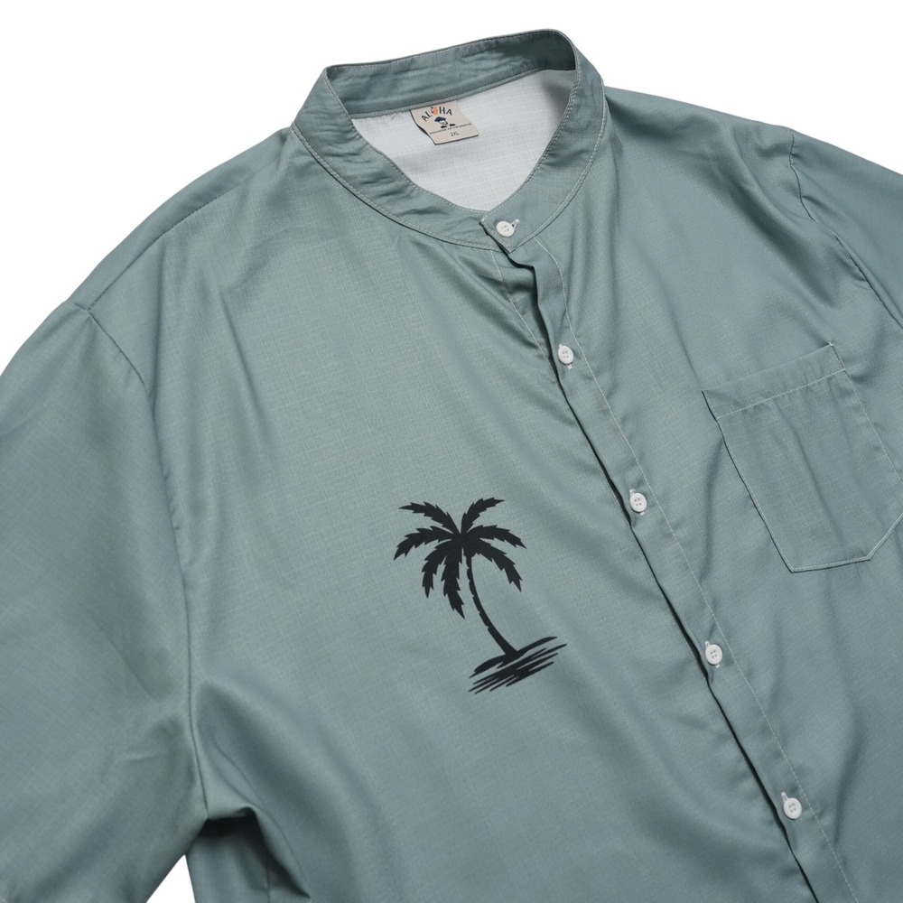 Aloha Hawaiian Shirt Mens 2XL Blue Palm Tree Mandarin Collar Tropical Resort